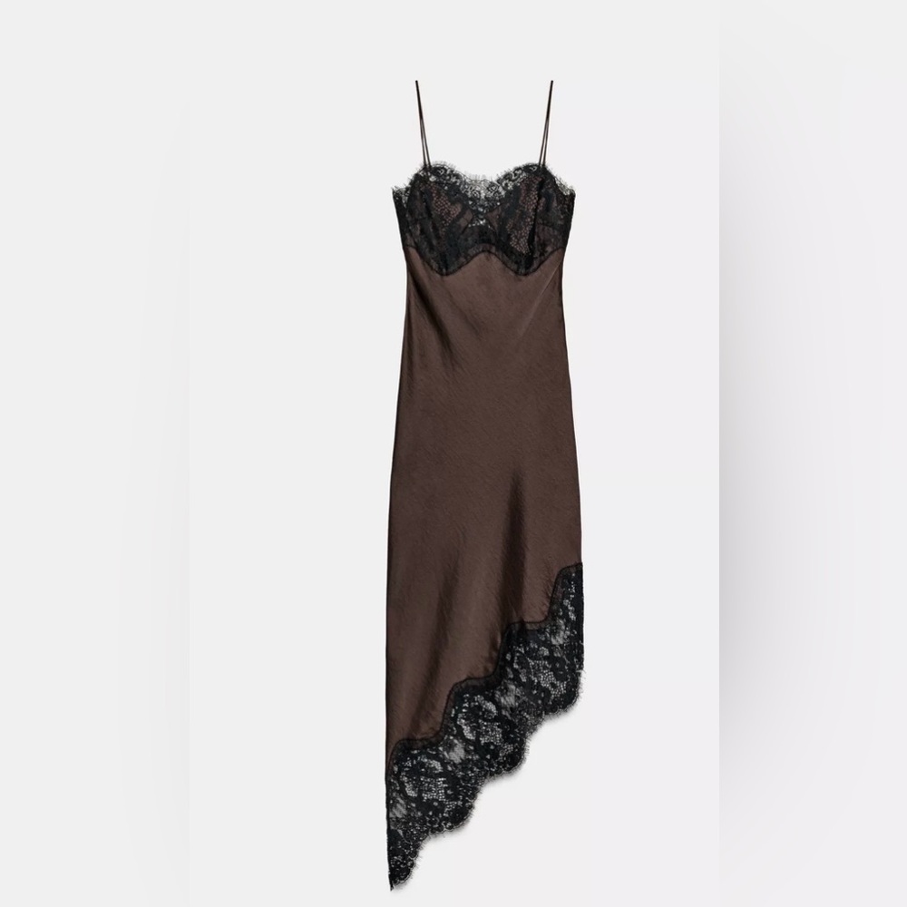 NWT Zara ASYMMETRIC SATIN LACE DRESS ZW COLLECTION Brown Black Medium - Picture 10 of 12